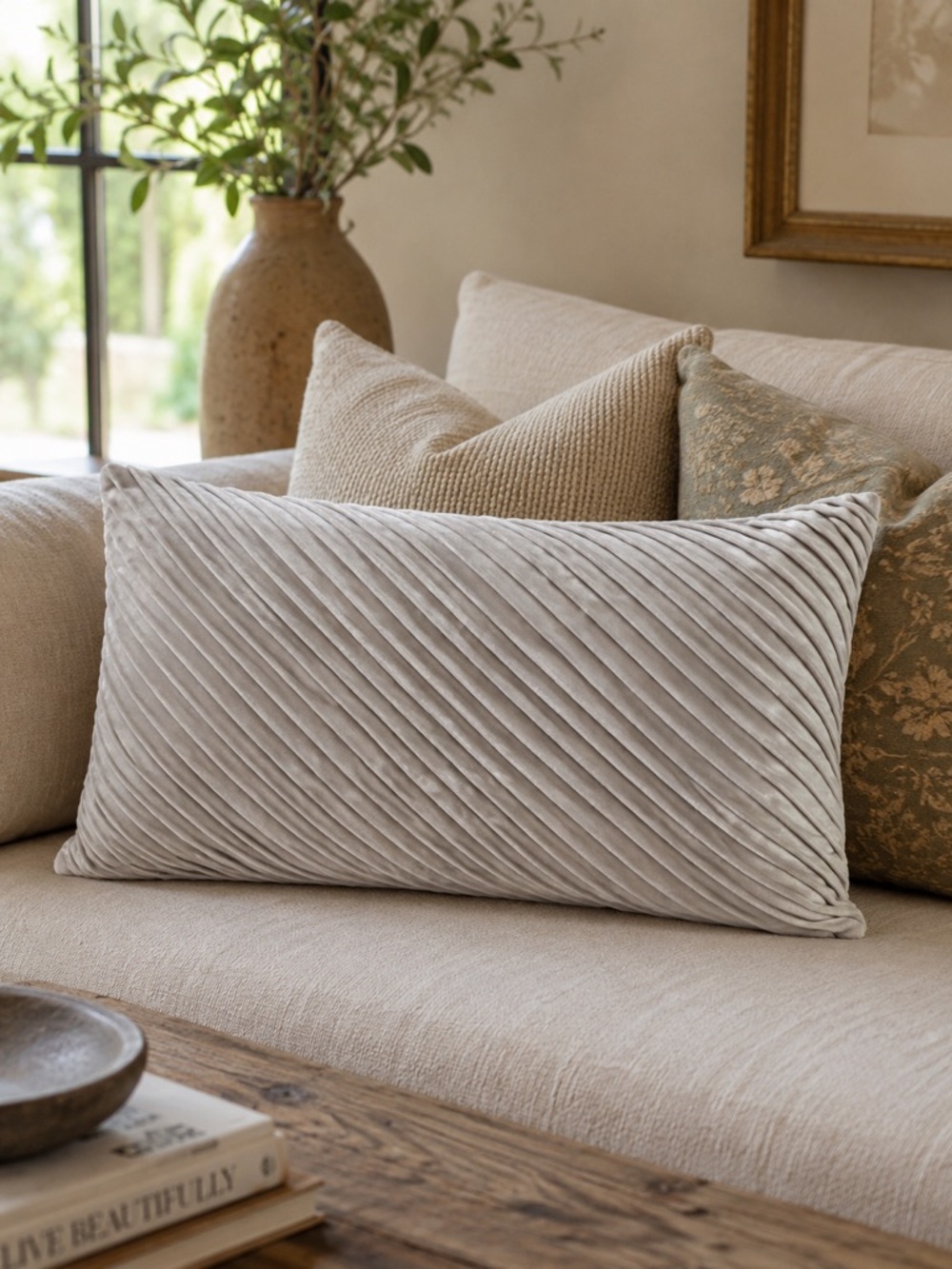 Champagne Velvet Pleated Lumbar Pillow Cover 14x20 Neutral Modern Glam